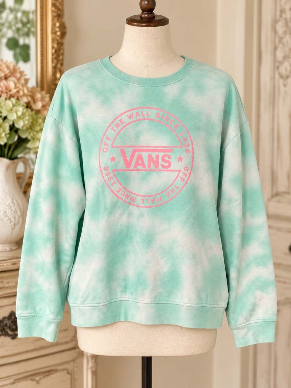 Vans Women’s L Mint Green White Tie Dye Sweatshirt Pink Logo Crewneck